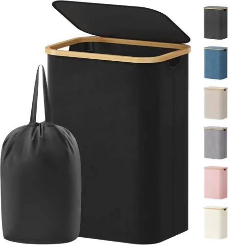 Vista 17 de Lifewit Cesta de lavandería de 80 litros con tapa, cestas de ropa para lavandería con asas de bambú y una bolsa de lavandería extraíble, cesta