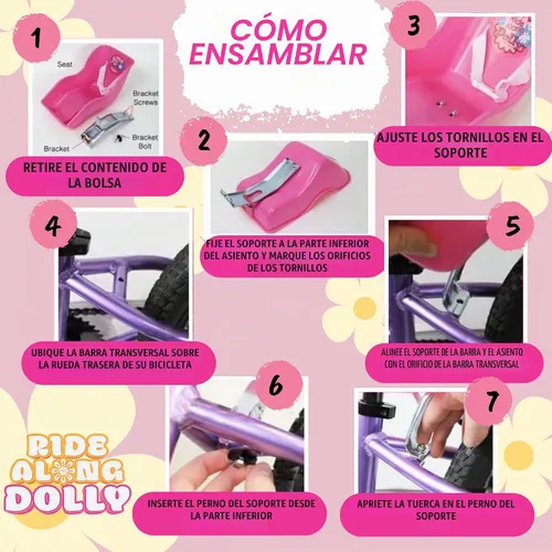 Vista 3 de Asiento de bicicleta para muñeca «Ride Along Dolly» (púrpura) con calcomanías para decorar (ideal para muñeca American o peluches)