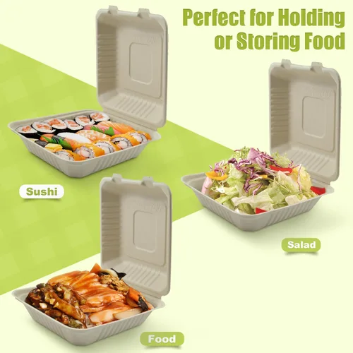 Vista 4 de Green Earth Caja de 50 unidades con 1 compartimento compostable de 8 pulgadas Fibra de bambú, cajas para llevar, tapa con bisagras, apta