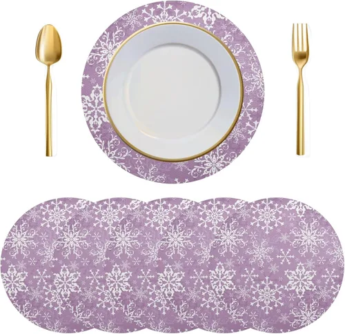 Vista 20 de Juego de 6 manteles individuales redondos, copos de nieve sobre rojo oscuro, resistentes al calor, para mesa de comedor, decoración de Navidad