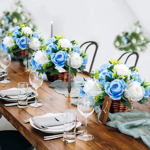 Vista 5 de Sziqiqi Flores de rosas artificiales de seda sintética para decoración de centros de mesa de boda, decoración del hogar, paquete de 2 unidades Azul