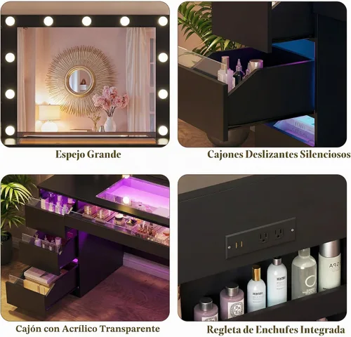 Vista 6 de HUAHUU Escritorio de tocador con espejo iluminado y parte superior transparente, escritorio de tocador de maquillaje con 4 cajones transparentes e