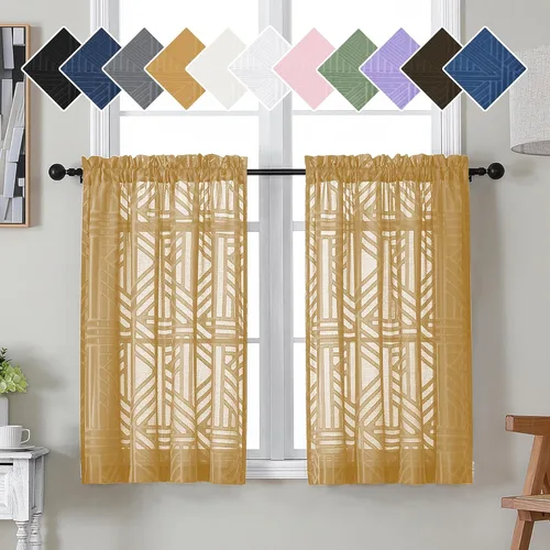 Vista 15 de Simplebrand Cortinas traslúcidas negras de cocina de 24 pulgadas de largo, 2 paneles, filtrado de luz, geométrico jacquard con textura, cortinas