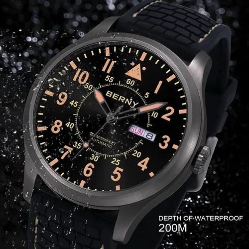Vista 3 de BERNY Reloj mecánico automático para hombre, reloj de cuerda automática, resistente al agua, cristal de zafiro de 20 ATM, resistente a los arañazos