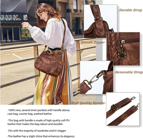 Vista 265 de Angel Barcelo - Bolsa de hombro amplia para mujer, diseño Hobo, cuero lavado