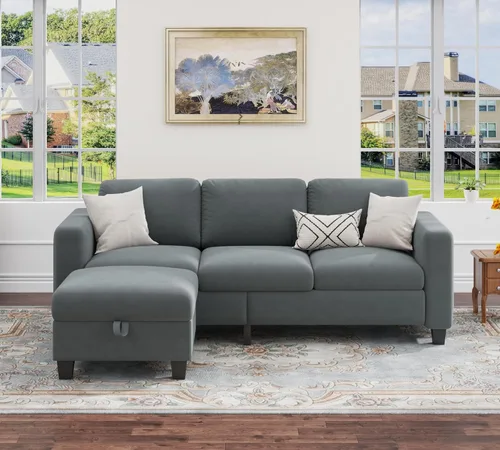 Vista 8 de Sofás modernos de 3 asientos para sala de estar con otomana de almacenamiento Sofá de terciopelo gris
