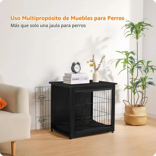 Vista 8 de DWANTON - Perrera con cojín, de madera, con puertas dobles, para interiores, S, M, L, 27.2 pulgadas de largo, negro Small Wooden Kennel Table