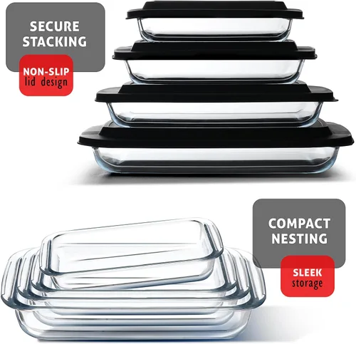 Vista 5 de EATEX Cacerola de vidrio profundo de 8 piezas para horno con tapas de plástico, platos de vidrio para horno, utensilios rectangulares para hornear