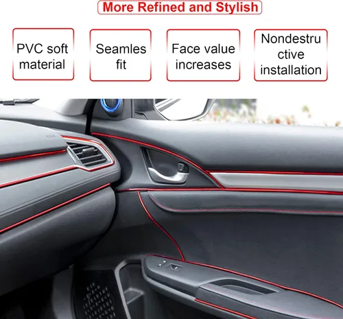 Vista 2 de Tiras decorativas para interior de automóvil, tiras flexibles para insertar y decorar puertas y tablero, efecto metalizado, incluye herramienta