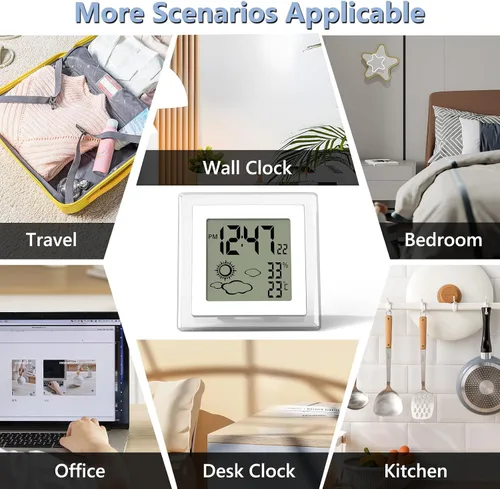Vista 13 de Reloj pequeño digital, funciona con batería, despertador con retroiluminación automática, temperatura y humedad interior, 12/24H, fecha, reloj