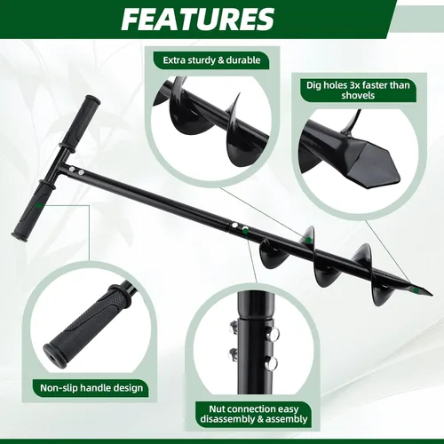 Vista 4 de Taladro manual 2 en 1 para perforar agujeros para postes, taladro manual de jardín en espiral de 4 x 42 pulgadas con mango en forma de T