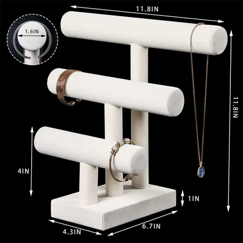 Vista 6 de Pangkeep Soporte de pulsera de 3 niveles, exhibiciones de pulseras para vender, soporte de exhibición de joyas beige para brazaletes, collares