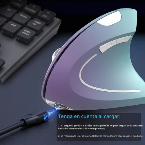 Vista 6 de Vassink Ratón ergonómico inalámbrico recargable, conexión USB A+Type C (2en1), 800/1200/1600 DPI, 6 botones, 2.4GHz, ratón vertical para túnel