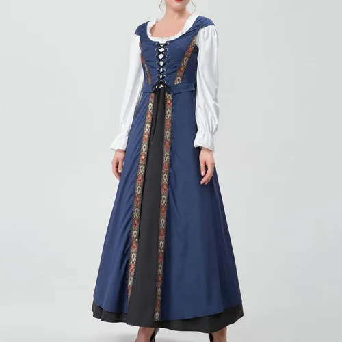 Vista 9 de Vintage Retro Costume for Women Renaissance Patchwork Long Sleeve Dress Square Neck Tunic Steampunk Long Dresses