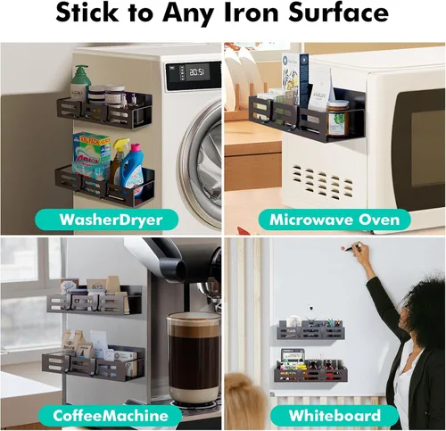 Vista 7 de SETBAOO Paquete de 4 estantes magnéticos para especias para refrigerador, estante magnético negro y nevera, organizador de gabinetes de cocina