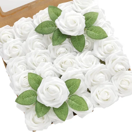 Vista 10 de DerBlue 60 rosas artificiales de aspecto real, rosas artificiales de espuma para decoración de bodas, arreglos, fiestas, decoración del hogar