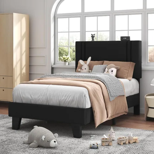 Vista 7 de Feonase Base de cama individual con plataforma doble, marco de cama individual tapizado en terciopelo, listones de madera maciza y soporte para pies