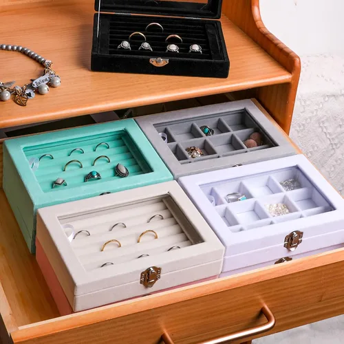 Vista 8 de Frebeauty Bandeja organizadora de joyas con tapa transparente, 12 rejillas de terciopelo con tapa transparente, vitrina de joyería, caja de joyería