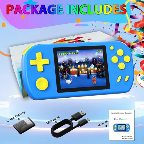 Vista 7 de Juegos de mano para niños con 218 juegos de video incorporados, juguetes de viaje portátiles para niños de 4 a 13 años con batería recargable, Azul