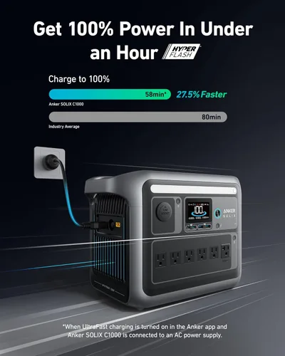 Vista 3 de Anker SOLIX C1000 Estación de energía portátil con panel solar bifacial de 100 W, generador solar de 1,800 W, batería LFP de 1056 Wh (LiFePO4), 6