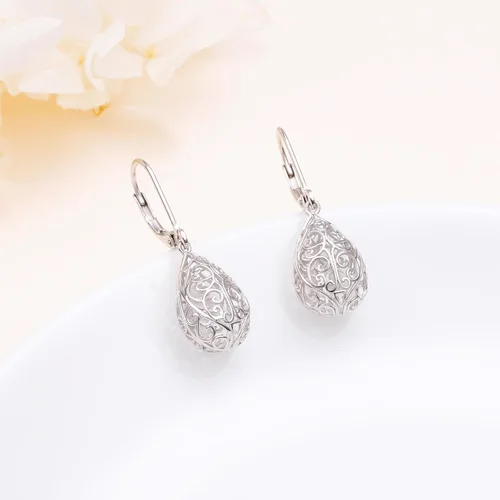 Vista 8 de Aretes colgantes de filigrana de plata de ley 925, margarita, loto, flor de rosa, piedra lunar, lágrima para mujer, nudo celta infinito, margarita