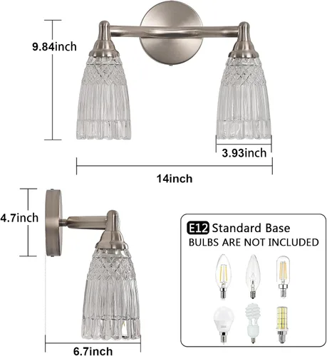 Vista 4 de HDDFL Lámpara de baño de níquel cepillado, iluminación de tocador de baño, 2 luces, moderno aplique de pared de vidrio para dormitorio, baño, sala