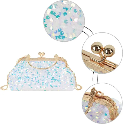 Vista 3 de Mini bolso de noche con lentejuelas con purpurina para mujer, bolso de mano de metal con asa superior, correa de cadena, bolso cruzado
