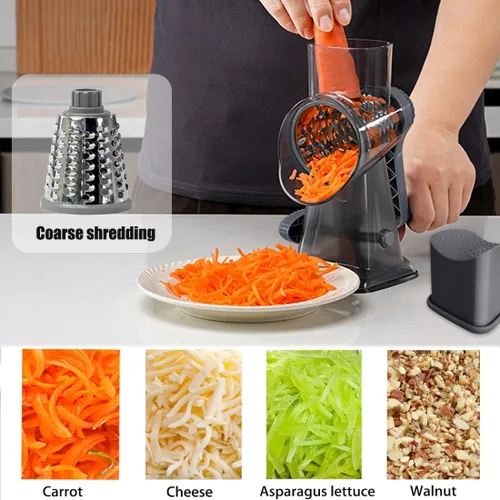 Vista 2 de Rallador giratorio de queso con asa, rebanador de verduras de mandolina manual, triturador de zanahorias, molinillo de nueces con 3 cuchillas