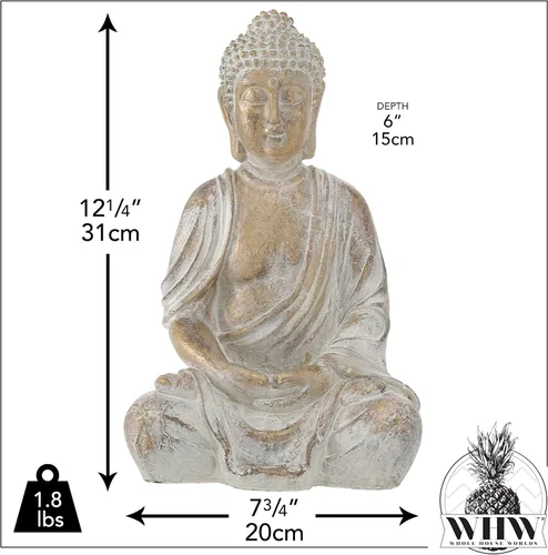 Vista 4 de WHW Whole House Worlds Buda Golden Temple, pátina gris suave de 12.25 pulgadas de alto, estatua sentada detallada, reproducción de calidad de museo