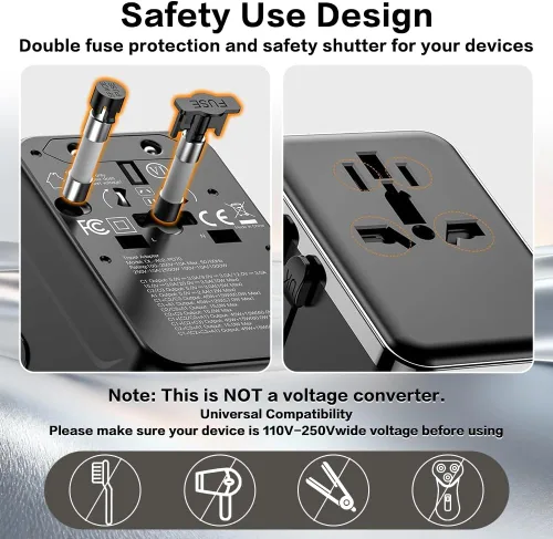 Vista 5 de Adaptador de viaje universal, adaptador de corriente internacional GaN de 70 W con 3 puertos USB C y 1 USB A de carga rápida, cargador de pared PD