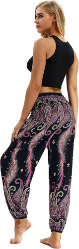 Vista 4 de Plustrong Pantalones tipo harén de cintura fruncida para mujer, estilo hippie, bohemio, para yoga, palazzo, pantalones casuales con bolsillos