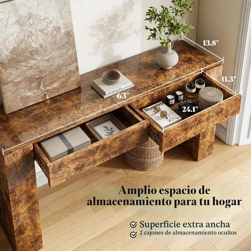 Vista 4 de AMERLIFE Mesa consola de madera Burl de 63 pulgadas con 2 cajones de Marrón