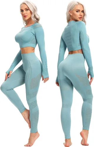 Vista 2 de YOFIT - Conjunto deportivo de 2 piezas leggings de yoga de cintura alta sin costuras y crop top con manga larga para mujer, juego de ropa