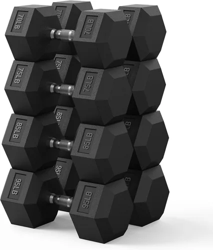 Vista 12 de PAPABABE Juego de mancuernas hexagonales de 45 a 550 libras, mancuernas de gimnasio en casa con revestimiento de goma, mancuernas para mujeres