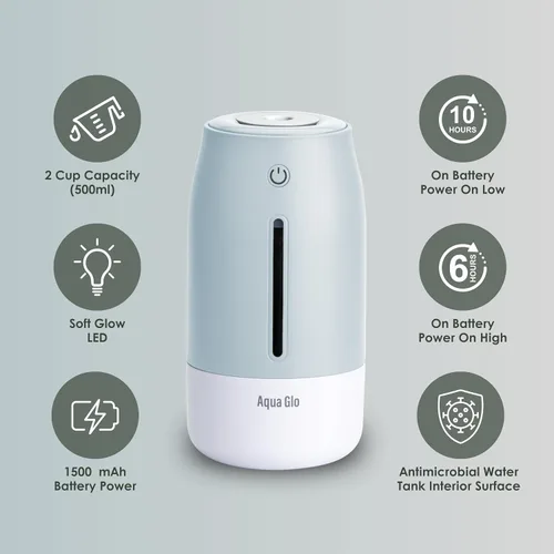 Vista 5 de Aqua Glo Humidificador personal - Niebla fría ultrasónica, batería recargable para 15 horas de uso, tanque de agua de 2 tazas, funcionamiento