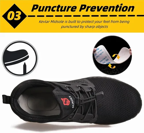 Vista 4 de SUADEX Zapatos de punta de acero para mujeres y hombres, zapatos de seguridad antideslizantes, transpirables, ligeros, a prueba de pinchazos