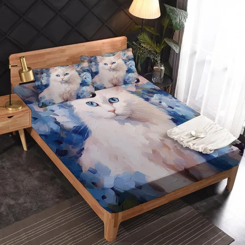 Vista 2 de Juego de sábanas de tamaño individual para gatos, sábanas de microfibra suave, bolsillo profundo, sábanas y fundas de almohada estampadas sin