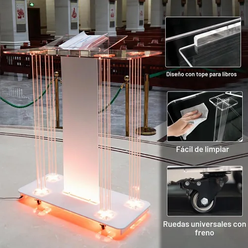 Vista 4 de Púlpito de iglesia con cubierta y luces LED, púlpitos acrílicos de 46 pulgadas para iglesias, soporte de podio transparente con ruedas y plataforma