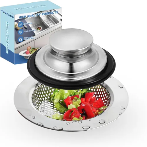 Vista 7 de RQYEKDO Kits de coladores de fregadero de cocina, juego de coladores de drenaje de fregadero de acero inoxidable, tapón de fregadero de gran
