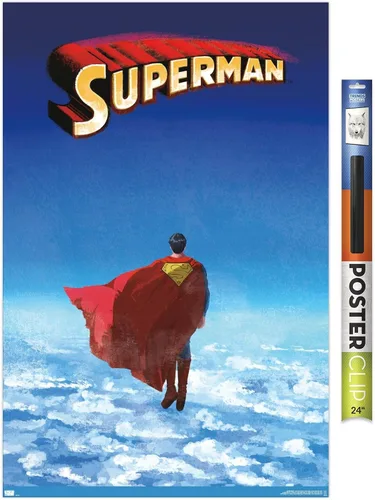 Vista 17 de DC Comics Superman - Póster de pared de nubes de horizonte, 22.4 pulgadas de largo x 14.7 pulgadas de ancho, versión enmarcada de madera de granero