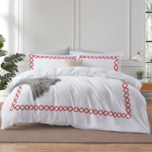 Vista 8 de BedDecor: Enchanted Oasis - Juego de funda de edredón de 3 piezas de 600 hilos de algodón egipcio con bordado de cuadrifolio, ultra suave