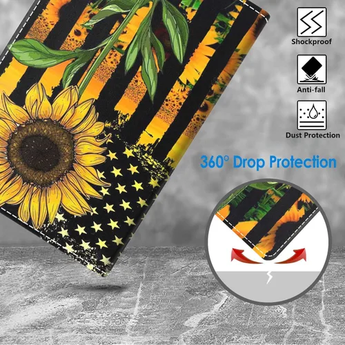 Vista 5 de WEUIUJKILO Funda para tablet Kindle Fire HD 10 de 10.1 pulgadas (9ª/7ª generación, versión 2019/2017) – Diseño de bandera estadounidense y girasol