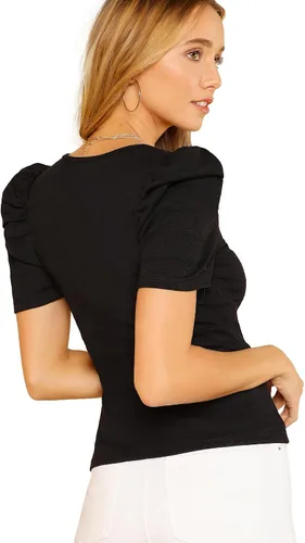 Vista 2 de Romwe Camiseta de manga abombada cortalarga para mujer, tejido acanalado, cuello en V