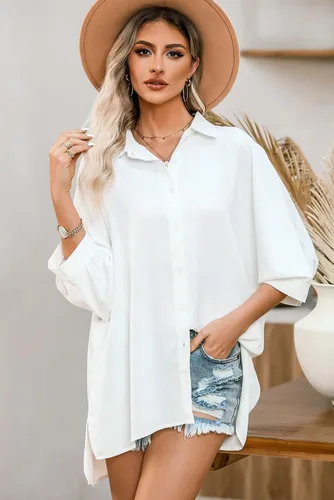 Vista 4 de Sidefeel Womens Summer Oversized 34 Sleeve Button Down Shirts Side Slit Dressy Casual Blouses Loose Fit Tunic Tops