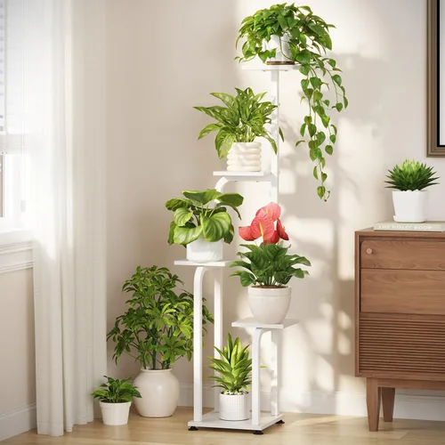 Vista 10 de LASZOLA Soporte para plantas de 5 niveles alto de madera y metal para interiores para macetas de servicio pesado, estante vertical grande