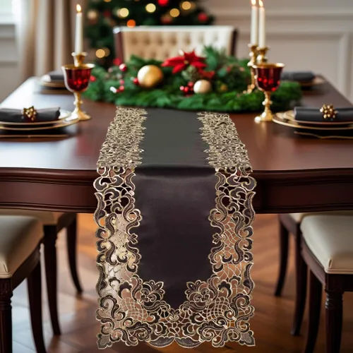 Vista 7 de DECOZEN Camino de mesa navideño de encaje dorado negro – Bufanda bordada para comedor y tocador para mesas de vacaciones, bodas y fiestas – 14 x 108