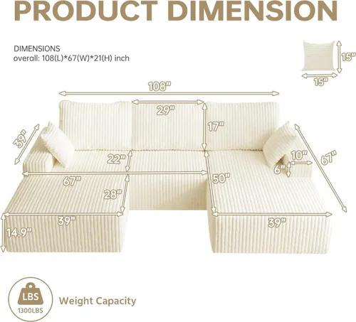 Vista 3 de Sofá seccional en forma de U de 108 pulgadas con otomana, sofá seccional modular de pana con asiento profundo, sofá modular moderno en forma de L