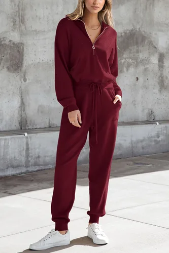 Vista 5 de PRETTYGARDEN Conjunto de suéter de 2 piezas para mujer, sudadera con cremallera, pantalones deportivos, ropa casual