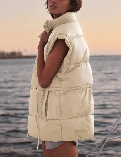Vista 5 de Lentta Chaleco acolchado para mujer con cordón ajustable en la cintura ligero acolchado con cremallera y bolsillos