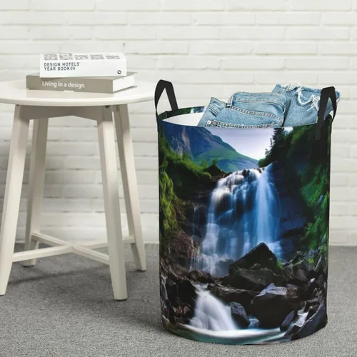 Vista 8 de Scenic mountain waterfall print Circular Hamper Waterproof Storage Bin Organizer Basket Laundry Hamper With Handles For Clothes Toys Small